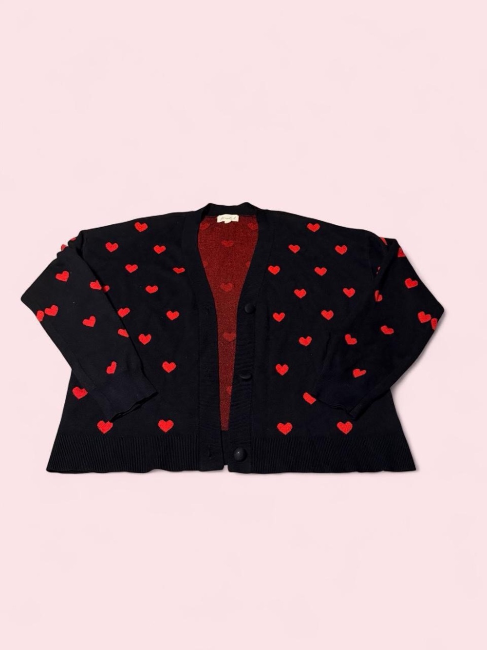 Marled Black Cardigan with Red Heart Motif